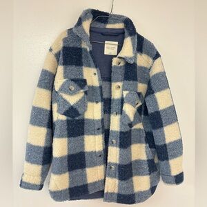 Blue and cream plaid sherpa jacket